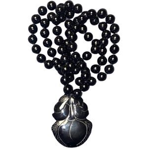 Chinese Hand Knotted Large Onyx Bead Necklace Carved Fruit Peach Pendant